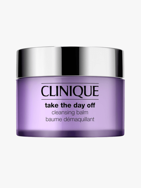 Clinique Take the Day Off Cleansing Balm in branded component on a light gray background